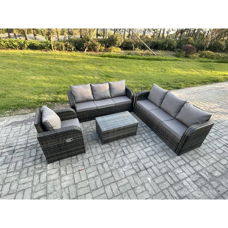 Image of Fimous 7 Seater Rattan Outdoor Garden Furniture Sofa Set Patio Table & Chairs Set with 3 Seater Sofa Reclining Chair 3 Seater Sofa Dark Grey Mixed Dar