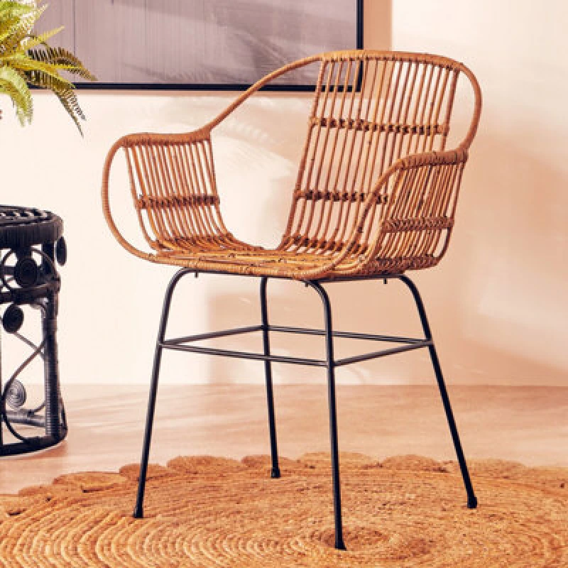 Image of Orsina Brown Natural Rattan Chair With U Shaped Seat, Black Metal Legs Rattan Dining Chair, Rattan Outdoor Chair