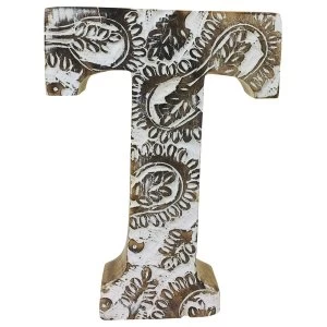 Image of Letter T Hand Carved Wooden White Flower