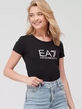 Image of EA7 Emporio Armani EA7 Shiny Logo Slim Fit Tee - Black, Size S, Women