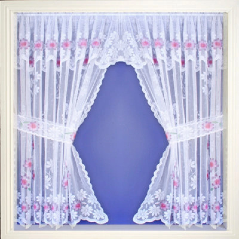 Image of Tyrone Textiles Primrose Lavender Floral Lace Window Set 48" Spray Colour Rod Pocket Window Set With Attached Valance And 2 Matching Tie Backs