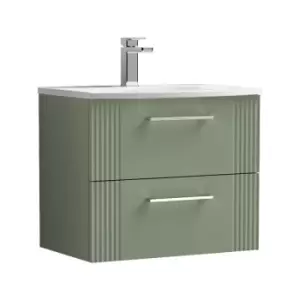 Image of Nuie Deco Satin Green 600mm Wall Hung 2 Drawer Vanity Unit with 30mm Curved Profile Basin - DPF893G - Satin Reed Green