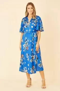 Image of Blue Floral Satin Wrap Dress