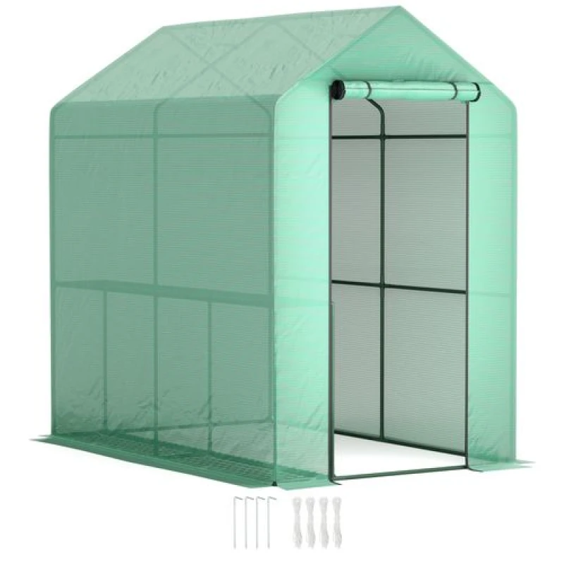 Image of Outsunny Walk in Greenhouse w/Shelves Steeple Grow House 120 x 186 x 190cm Green