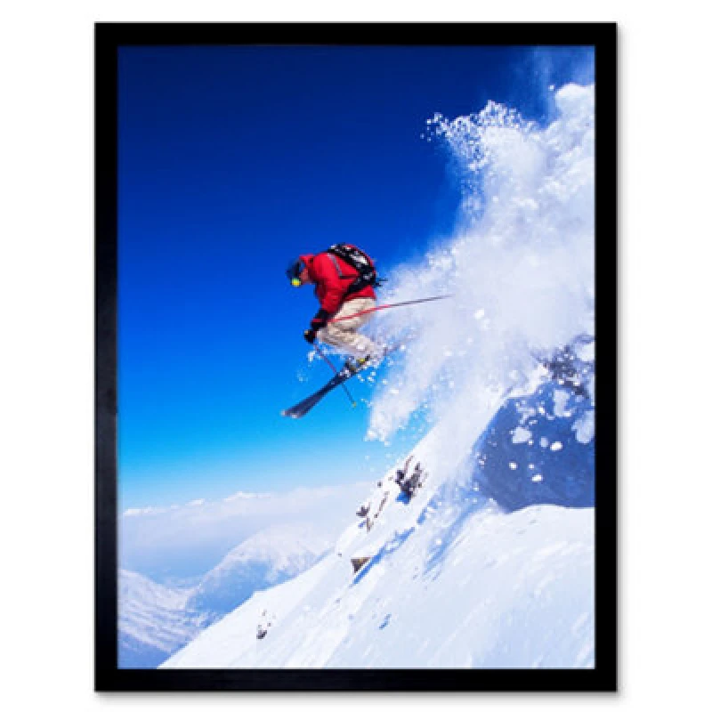 Image of Artery8 Skier Ski Jumping Snow Sport Sky Home Decor 12X16" Framed Wall Art Print