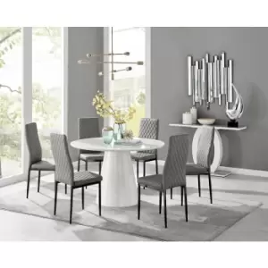 Image of Furniturebox Palma White High Gloss 6 Seat Minimalist Post Modern Round Dining Table & 6 Grey Milan Black Leg Faux Leather Chairs