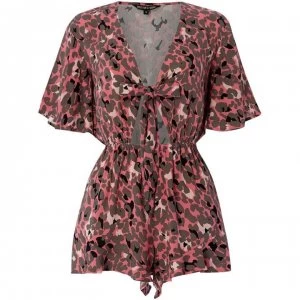 Image of Biba Pink Leopard Tie Front Frill Playsuit - Pink