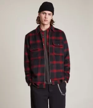 Image of AllSaints Mens Juneau Wool Blend Check Jacket, Black/Red, Size: S