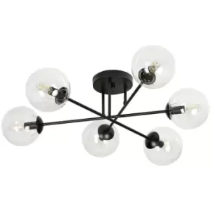 Image of Emibig Brendi Black Globe Multi Arm Semi Flush Ceiling light with Clear Glass Shades, 6x E14