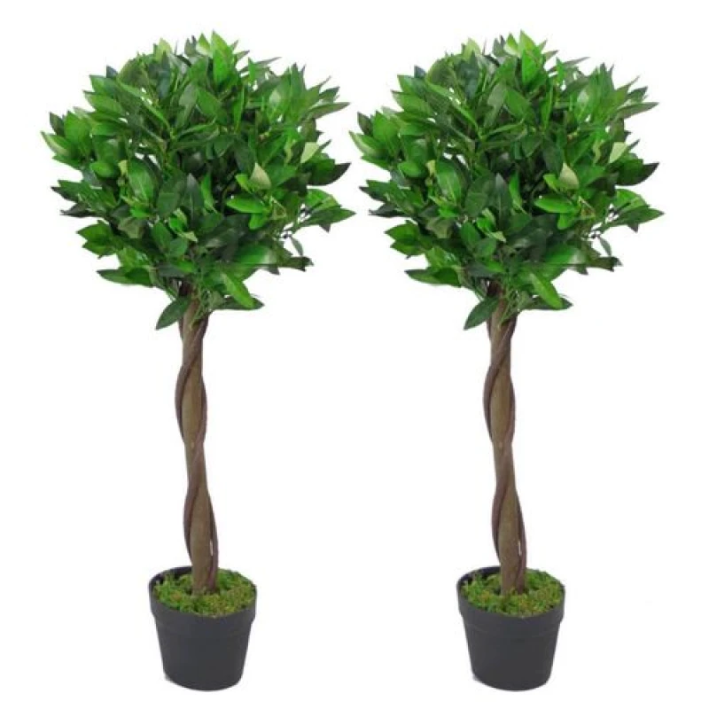 Image of Leaf 90cm Leaf Design UK Pair of Artificial Bay Topiary Ball Trees, Green Twist Green