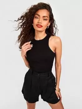Image of Boohoo Racer Neck Rib Knit Crop Top - Black, Size L, Women