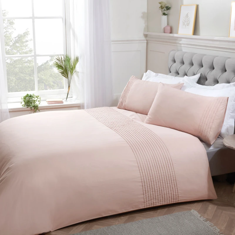 Image of Smart Living Smart Living Luxury Pintuck Pleated Striped Panel Duvet Cover With Pillowcases in Light Pink Size: King Light Pink King Unisex 50562427
