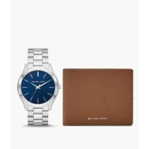 Image of Michael Kors Mens Slim Runway Three-Hand Stainless Steel Watch And Luggage Saffiano Leather Wallet Set - Silver