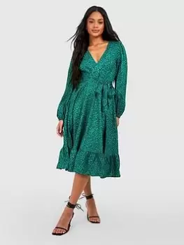 Image of Boohoo Animal Ruffle Wrap Midi Dress - Emerald, Green, Size 8, Women
