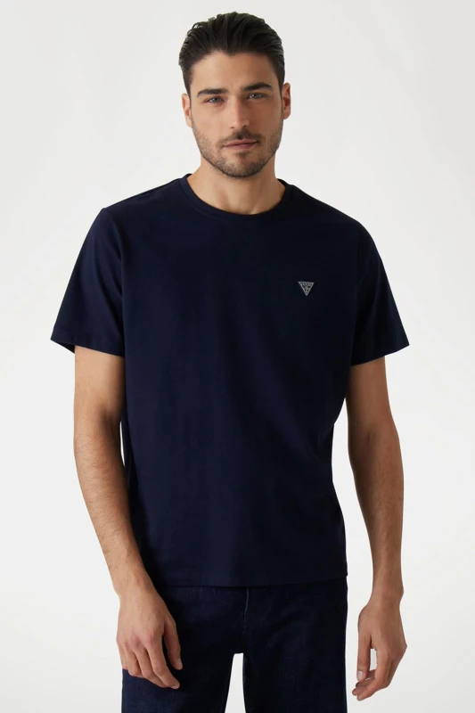 Image of Guess Mens Crew Neck Patch Tee Logo Blue Size: Medium Blue Male M