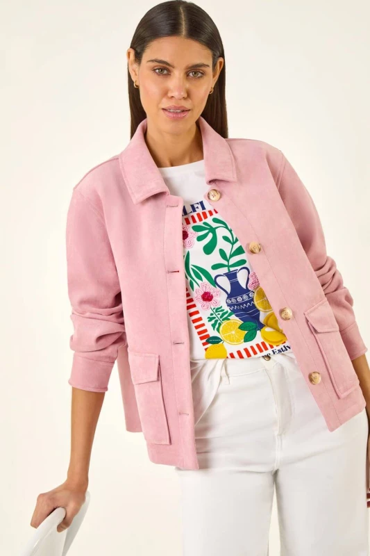 Image of Roman Womens Suedette Button Jacket in Light Pink Size: 14 Light Pink Female 14