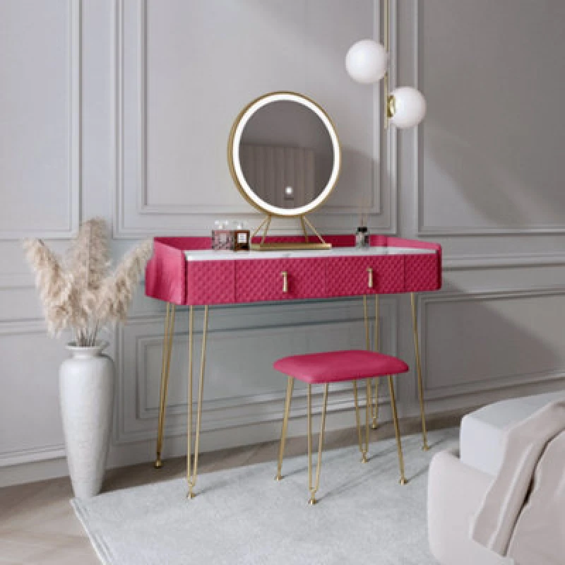Image of CARME HOME Tokyo Glow Velvet Dressing Table with LED Touch Sensor Round Mirror Makeup Vanity Table with Storage Drawers Stool Set Bedroom Furniture Ra