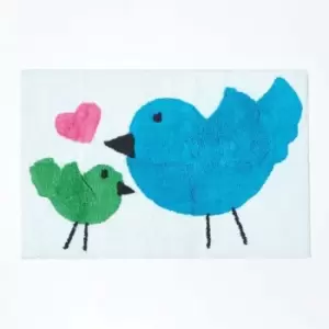 Image of Cotton Tufted Washable Blue Green Birds Pink Heart Kids Rug - Blue - Homescapes