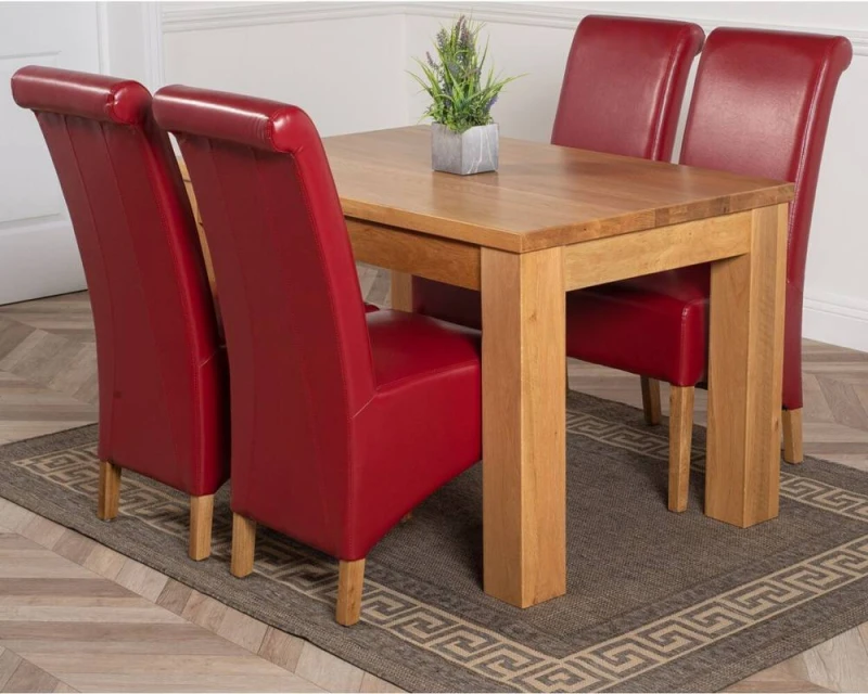 Image of Thats Furniture Dakot 127 x 82cm Oak Small Dining Table & 4 Montana Leather Chairs in Red Size: 127 x 82cm Red Unisex 127 x 82 cm
