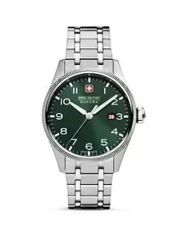 Image of Swiss Military Silver Stainless Steel Bracelet Watch with Olive Dial, Silver, Men