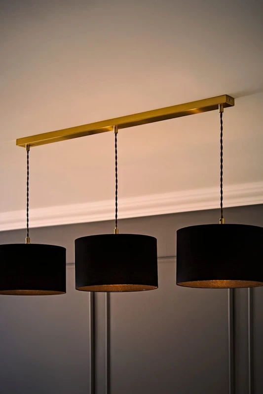 Image of ValueLights ValueLights Reni Drum Shade 3 Drop Bar Brushed Gold Diner Ceiling Pendant Light with Bulbs in Black One Size Unisex 5059406064302