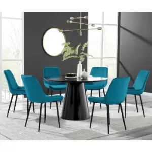 Image of Furniture Box Palma Black Semi Gloss Round Dining Table and 6 Blue Pesaro Black Leg Chairs