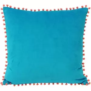 Image of Riva Home Velvet Pompom Cushion Cover (45x45cm) (Teal/Coral) - Teal/Coral