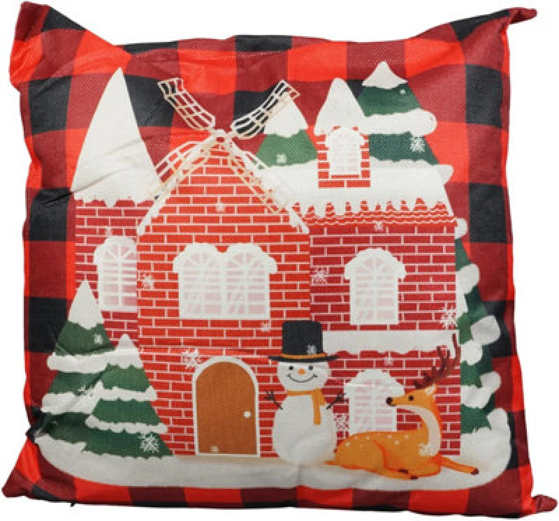Image of Netagon Xmas Haus Christmas Themed Cushion Snowy House With Snowman And Deer Red/black Linen
