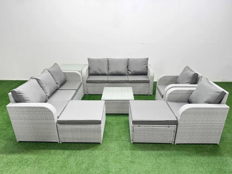 Image of Fimous PE Rattan High Back Lounge Sofa Set Patio Square Coffee Table & Chairs Set with 3 Seater Sofa Reclining Chair 2 Big Footstool Side Table Light