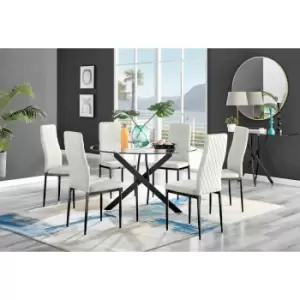 Image of Furniture Box Novara Black Leg 120Cm Round Glass Dining Table and 6 Cream Velvet Milan Black Leg Chairs
