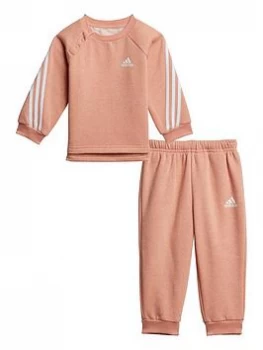 Image of Adidas Infant Unisex 3 Stripe Crew & Jog Pant Set, Pink/White, Size 9-12 Months