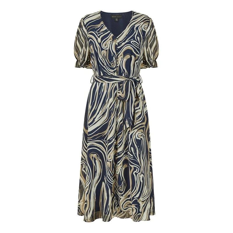 Image of Mela London Mela London Navy Swirl Print Midi Tea Dress - Blue Blue 8