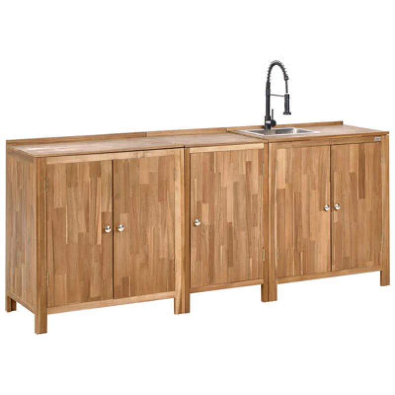 Image of Beliani 3 Piece Outdoor Kitchen Set With Sink Venosa Acacia Wood Brown/ Black, Brown 618438