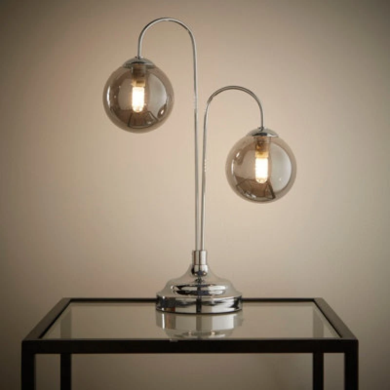 Image of K LIVING Table Lamp In Chrome With 2 Arms and Smokey Glass Ball Lightshades Silver