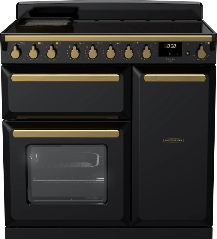 Image of Rangemaster Estel Deluxe ESDL90EIPGBL/AB1 90cm Electric Range Cooker with Induction Hob - Black / Antique Brass - A/A Rated