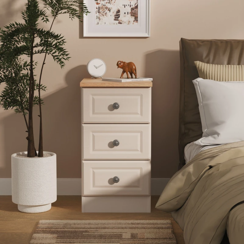 Image of Ready Assembled 2 U Surrey 3 Drawer Bedside Cabinet (Ready Assembled) in Taupe Size: Small Taupe Unisex Small