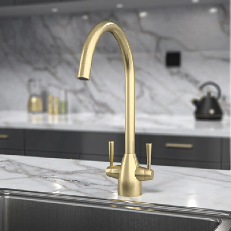Image of Nes Home Brushed Brass Modern Kitchen Sink Swivel Mixer Tap Dual Lever