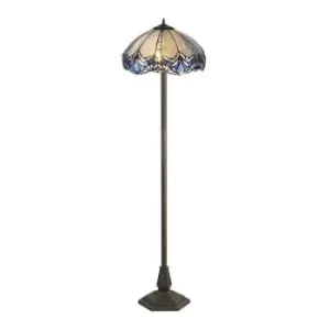 Image of Luminosa Lighting - 2 Light Octagonal Floor Lamp E27 With 40cm Tiffany Shade, Blue, Clear Crystal, Aged Antique Brass