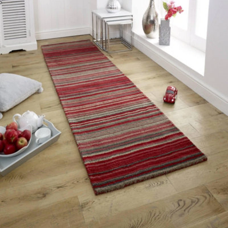 Image of Melrose Mubai Stripe Wool Made Red Runner Area Rug 060/230Cm