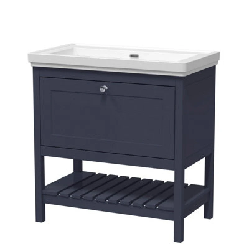 Image of Balterley Bathroom Floor 1 Drawer Vanity & Fireclay Basin, Indigo Blue, 800mm in Blue Blue Unisex