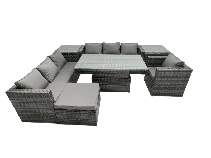 Image of Fimous Rattan Dining Table Sofa Set with 2 Side Table Big Footstool 8 Seat in Dark Grey Dark Grey Unisex