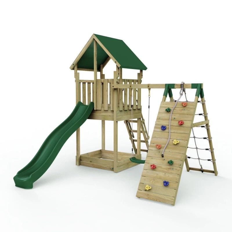 Image of Rebo Wooden Climbing Frame with Play Tower and Slide - M1 Wychwood Climbing Wall Brown
