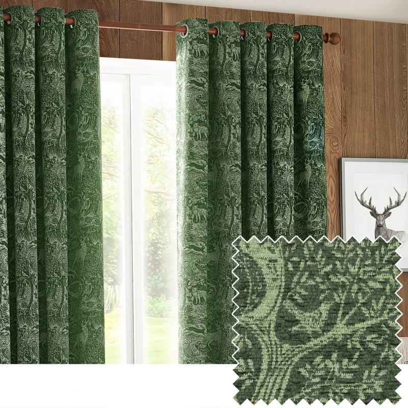 Image of Winter Woods Animal Chenille Eyelet Curtains Emerald, Emerald / 229 x 229cm
