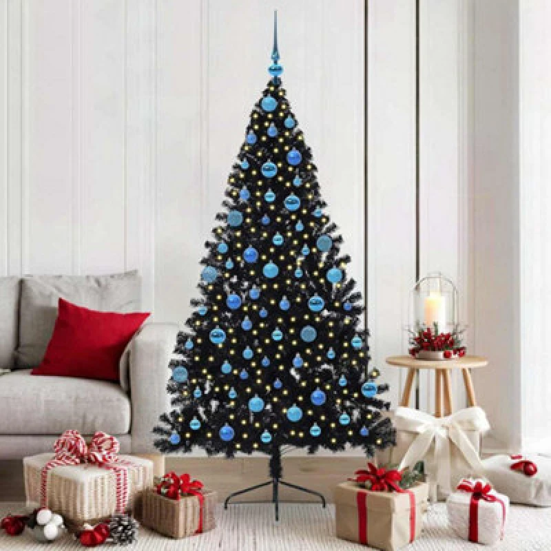 Image of vidaXL Artificial Pre-lit Christmas Tree with Blue Balls Black 180cm PVC, Black 3397148