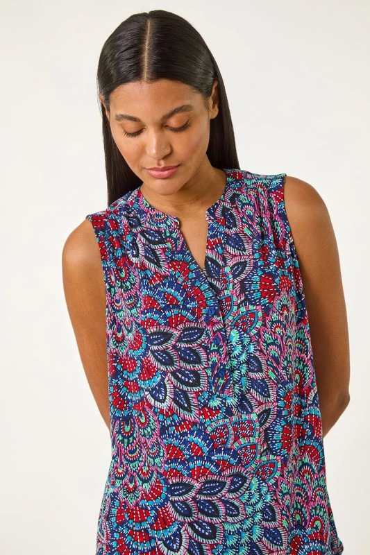 Image of Roman Womens Abstract Print Stretch Vest Top in Blue Size: 12 Blue Female 12