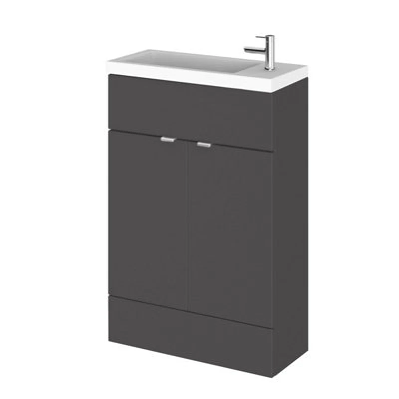 Image of Hudson Reed Fusion Floor Standing 2 Door Vanity Unit & Polymarble Basin Compact, Stylish Sink Vanity Unit, Gloss Grey, 600mm