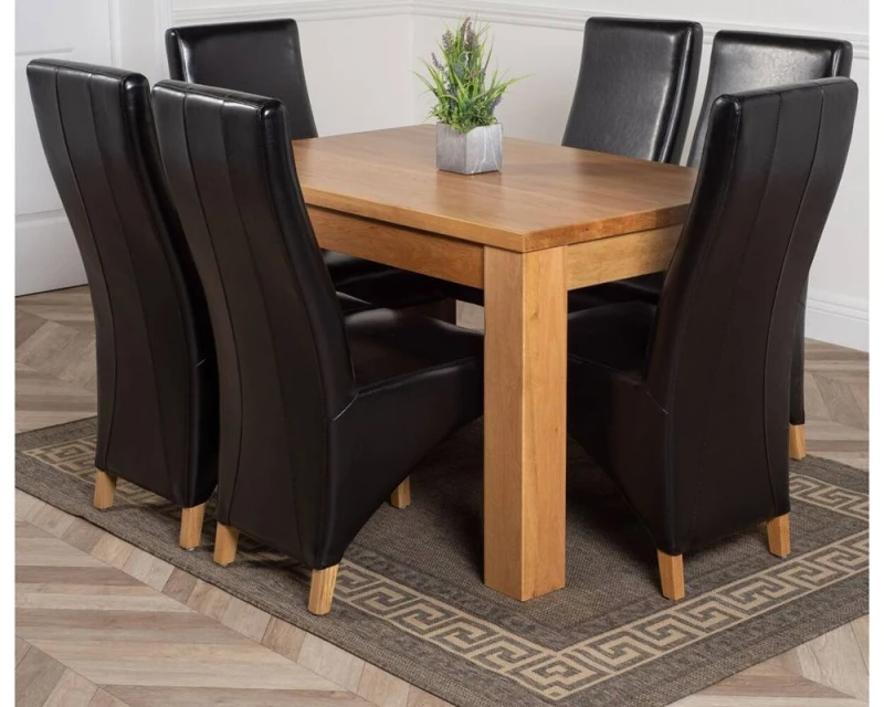 Image of Thats Furniture Dakot 127 x 82cm Oak Small Dining Table & 6 Lola Leather Chairs in Black Size: 127 x 82cm Black Unisex 127 x 82 cm