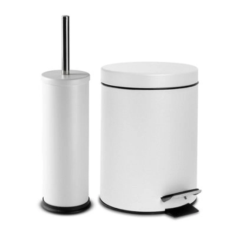 Image of Harbour Housewares Bathroom Bin & Toilet Brush Set - 3L - Matt White Round Stainless Steel Slim Trashcan Rubbish Bin & Brush