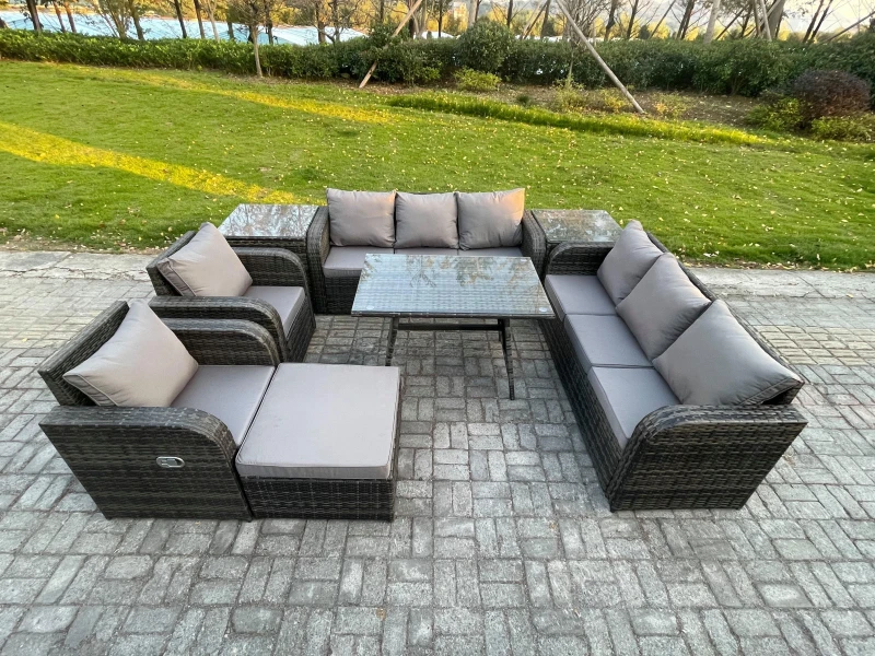 Image of Fimous 9 Seater Rattan Outdoor Garden Furniture Sofa Set Patio Table & Chairs Set with 3 Seater Sofa Rectangular Dining Table 2 Side Tables Dark Grey
