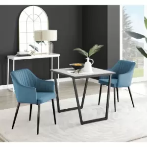 Image of Furniturebox Carson White Marble Effect Square Dining Table & 2 Blue Calla Black Leg Velvet Chairs